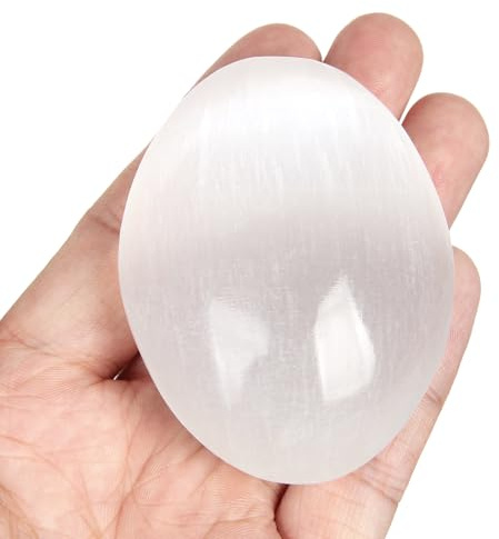 Grande Pierre de Paume Sélénite 1 Pièce (env. 90–110g) Cristal Naturel Poli | Gypse Blanc Translucide Lisse Pierre de Poche | Décoration, Collection & Cadeau