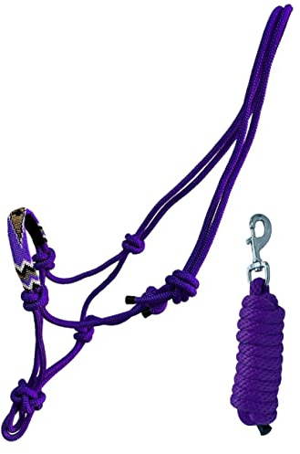 Equitem Nylon Horse Size Cowboy Knot Rope Halter with Beaded Cross Nose and Removable Lead (Purple)