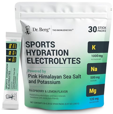Dr. Berg Sports Hydration Electrolytes Powder w/More Salt (Pink Himalayan) - 30 Keto Electrolytes Powder Packets w/a Delicious Salty Raspberry & Lemon Flavor - Includes 1,000mg of Potassium