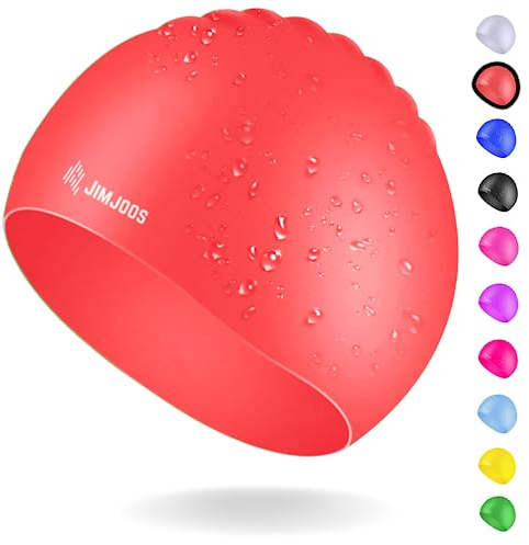 JIMJOOS Bonnet de bain en silicone pour enfants de 3 à 14 ans - Bonnet de bain pour garçons et filles - Antidérapant, extensible, imperméable - Durable, sans odeur avec pochette de protection (rouge