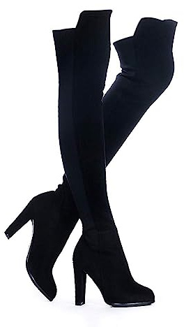 Shoe'N Tale Women Faux Suede Chunky Heel Stretch Over The Knee Thigh High Boots(7.5,Black)