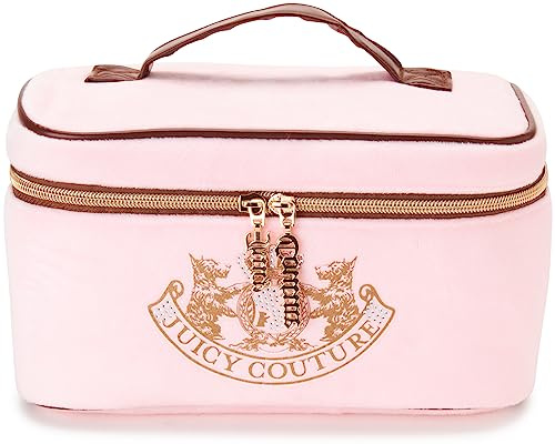 Juicy Couture Pink Makeup Bag Cosmetics Organizer Travel Essentials Train Case Gold Terroir Dog Rhinestone Crown Velour