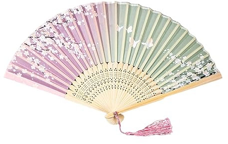 USTNIR Éventail Original Moderne et Coloré en Bois - Style Chinois avec Motif Fleur de Cerisier Vert Rose, 42,5x23cm avec Manche