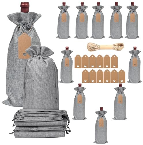 Weinbeutel Jute, FainFun 12 Stück Weintasche Jute, Jutebeutel Weinflasche, Weinflaschen Beutel, Geschenkbeutel Weinflasche, Tischdekoration, Geschenktüte(Grau)