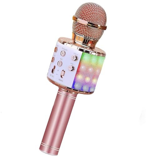 ShinePick Karaoke Wireless Microphone, Recording & Singing Microphone for Kids, 5 Different Voice Changers, Dancing LED Lights, Bluetooth Portable Karaoke Machine Child Toy for Phone/Pad/TV (Pink)