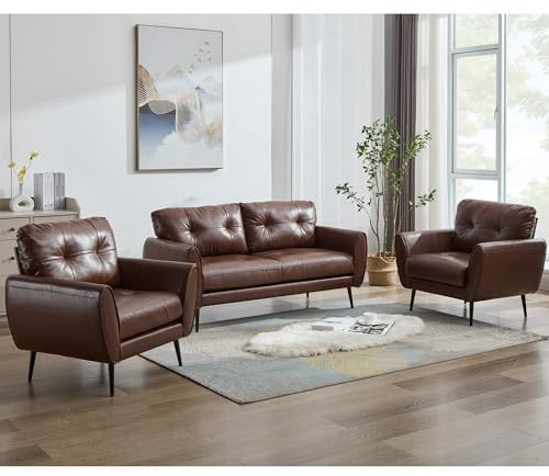 TYBOATLE Sofa Couch 61 Small Loveseat Couches for Living Room Leather Couch Mid Century Modern Tufted Mini Sofa Comfy Office 2 Seat Settee Love Seat Loveseat for Small Spaces Bedroom (3, Brown)