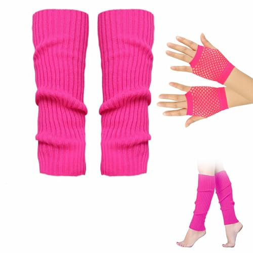 Calzini Scaldamuscoli,Set di Scaldamuscoli al Neon Elastici e Guanti a Rete senza,Scaldamuscoli Lunghi in Maglia di Lana,Scaldamuscoli Invernali Lavorati a Maglia,Rosso Rosa
