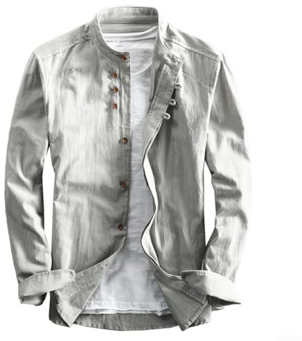 Chemise habillée à col mandarin pour homme, coupe ajustée, manches longues en tissu de coton et lin (L gris clair)