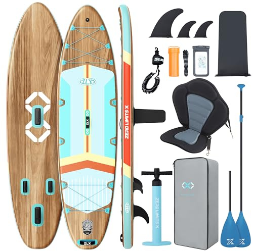 ZLX Paddle Gonflable 350 x 89 cm Extra Large Sup | Planche Stable Antidérapante, Aileron Amélioré, Accessoires Premium, Sac & Pompe Haute Pression, pour Adultes Tous Niveaux avec Siège Gonflable