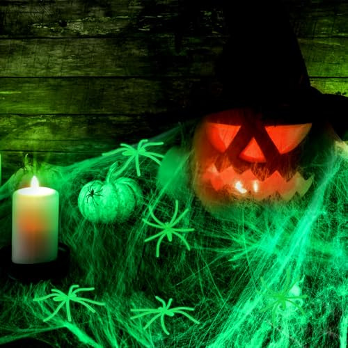 sulanmo 120g Toile d’Araignée avec 60 Fausses Araignées Fluorescentes, Deco d’Halloween Effrayante, Accessoires pour Halloween de Spider Web