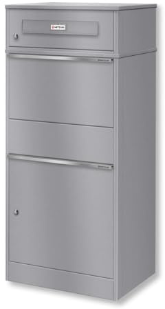 Metzler cassetta postale e box pacchi da esterno acciaio verniciato a polvere grigio alluminio RAL 9007 doppio scomparto con serratura targhetta nome intercambiabile design moderno resistente alle int