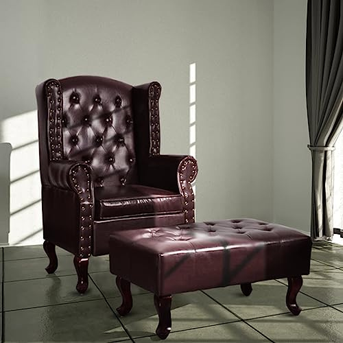 Qnhdfrt Chesterfield Fauteuil avec repose-pieds en cuir synthétique marron antique pour salon, salon avec agrafage à boutons et pieds en bois massif pour le salon