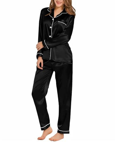 Fjquamitix Satin Pyjamas for Women, Silk Pyjamas PJS Sets Long Sleeve Long Pants, Button Down Soft Ladies Loungewear Sleepwear (UK, Alpha, M, Regular, Regular, Black)