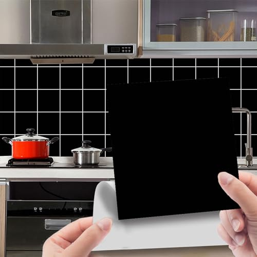 Kakeldekal 15 x 15 cm, självhäftande kakelfolie för badrum och kök, vattentäta självhäftande kakel för köksvägg, klistra på kakel, PVC-väggfolie (svart-48 stycken)