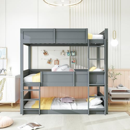 DUlVBPE Trippelrumssäng 90 x 200 cm, massiva träpinnar, hög staketdesign, barnsäng, träsäng, grå