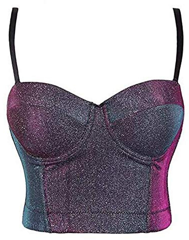 Woboren Damen Glitter Push Up Bustier Lace Crop Top Gothic Punk Korsett Clubwear Party BH with Detachable Strap (Viola, L)