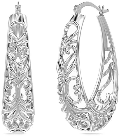 LeCalla Sterling Silver Earring Hoop Mothers Day Gifts for Women | Filigree Earrings | 925 Silver Hoop Earrings | Women's Filigree Hoop Earrings | Italian Hoops Earring | Medium Oval Hoops for Women 32mm