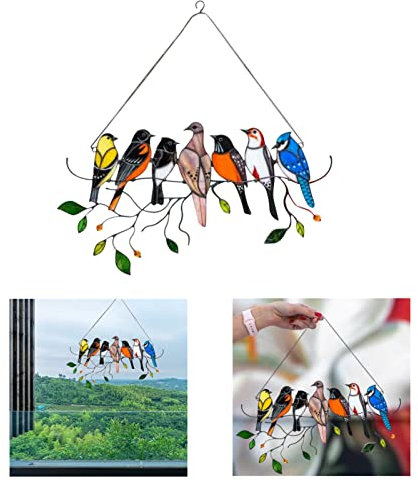 Kisbeibi Window Hanging Birds, Stained Birds, Multicolor Birds on a Wire, Wall Cartoon Birds Pendant Stained Birds, Bird Ornaments Pendant for Home Glass Window Decoration(size:7 Birds)