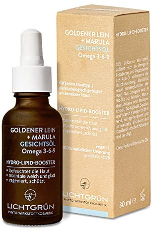 GESICHTSÖL Bio Omega 3-6-9 LICHTGRÜN® 30 ml | 100% Natürlich, Vegan, Parfümfrei | Hydro-Lipid Gesichtspflege mit Bio-Leinöl, Bio-Marulaöl, Squalan, Bisabolol | Phyto-Wirkstoffkosmetik