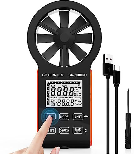 Anemometro digitale portatile misuratore di velocità del vento CFM GR-6000GH tester di flusso d'aria che misura la velocità dell'aria e temperatura del volume d'aria per bocchette HVAC, barca a vela