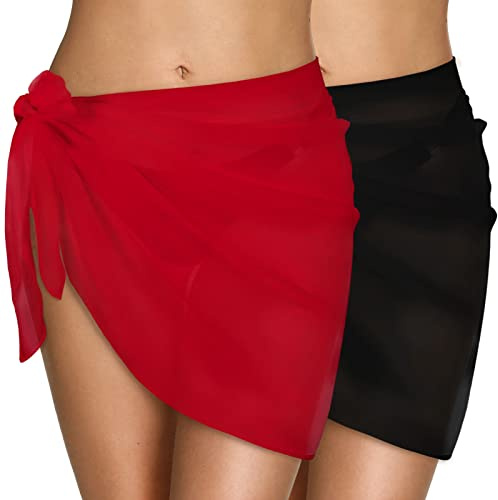 Xnova Women Beach Wrap Sarong Cover Ups Sexy Chiffon Ladies Beachwear Black Swimsuit Pareo Girls Short Skirt for Bikini Summer Holiday Solid Color Pleat(Black+Red,One Size)