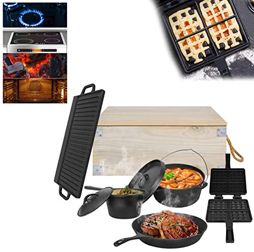 HENGMEI Dutch Oven Set 12-teilig in Holzkiste, Campingkocher Grill Zubehör, Eingebrannter Feuertopf aus Gusseisen, Waffeleisen Gusseisen, Grillplatte, mit Füßen & Deckel für Oudoor & Indoor