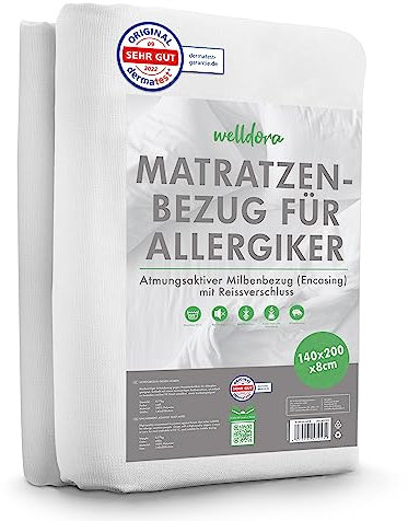 Welldora ǀ Premium Milbenbezug Matratzen 140x200x8 Topper ǀ Fachärztlich getesteter Allergiker Matratzenschoner ǀ Anti Milben Encasing mit Reissverschluss ǀ Allergiker Bettwäsche