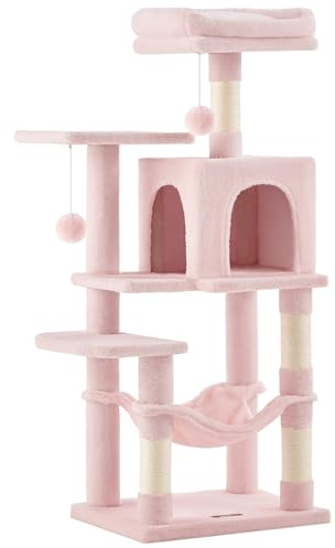 Feandrea Cat Tree Tower, 112 cm Multi-Level Plush Cat Condo with 4 Scratching Posts, 2 Perches, Cave, Hammock, Pompoms, Jelly Pink PCT261P01
