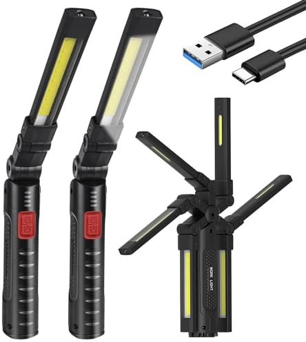 Arbeitsleuchte LED Akku Werkstattlampe USB Aufladbar mit Magnet und Haken, Taschenlampe Werkstatt Handlampe COB Arbeitslampe für Werkstatt Auto KFZ Camping, Geschenke für Männer - 2 Stück