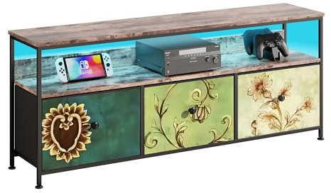 USROCAS TV Stand for 48 Inch TV with 3 Folding Fabric Drawers and Shelf, Metal and MDF TV Stand, 108 x 30 x 57 cm, Vintage Brown and Multi-Coloured