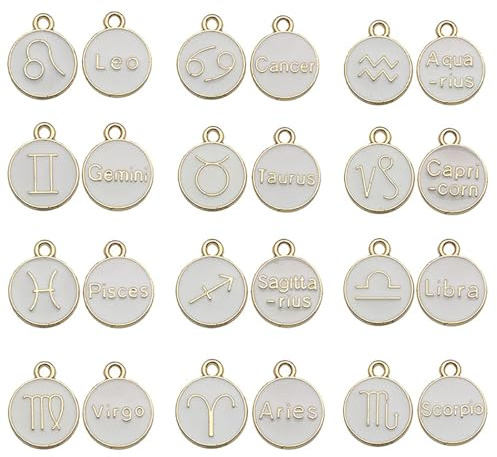 PACIOCEAN 12 Pcs Zodiac Charms, Double Sided Gold Plated Constellation Pendants with White Enamel for Necklace Bracelet Making, DIY Jewelry Findings, Birthstone Gifts for Women