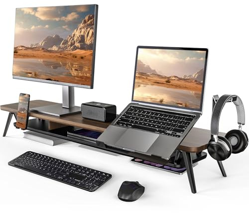Fenge Dual Monitorständer mit Laptop Halterung/Telefon Halter/Headset Halterung, 2 Etagen Groß Multifunktionaler Computer Bildschirmständer 108x23,5x14,5cm (Braun)