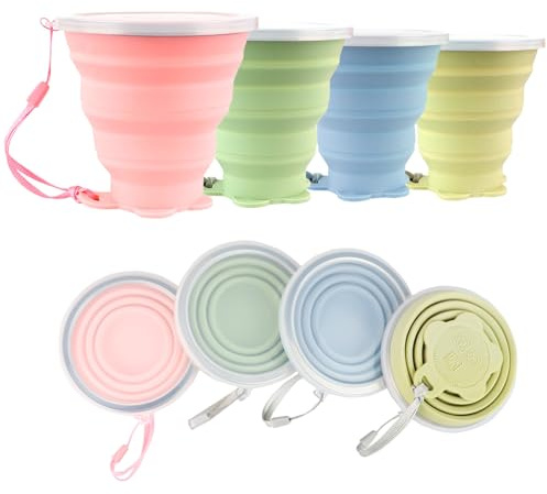 ddLUCK Vikbar silikonkopp, 320 ml infällbar kopp campingkopp | Set med 4, ljusflerfärgad, flexibel, återanvändbar, bärbar, hopfällbar mugg för picknick, vandring, utomhusträning