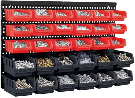CROWNSHOP 32 PCS Wall Mount Storage Organiser Bin Panel Rack DIY Tool Bits Boxes 64 * 41cm Wall Mounted Pegboard Hook, Storage Bins and Panel Set Tool, Parts and Craft Organizer(Red+Black)
