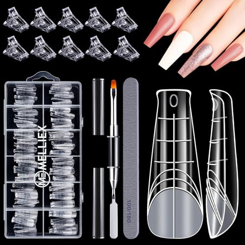 MELLIEX 120 Pièces Faux Ongles Conseils de Extension Clear Système De Formes D'ongles Doubles avec Nail Tips Clip, Brosse à Ongles à Double Extrémité et Limes à Ongles