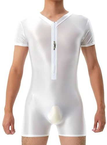 Ausing - Mono bodycon para hombre, cuerpo de deporte, camiseta de cuerpo para hombre, mono brillante, para hombre, traje de baile, para hombre, manga corta, blanco, M