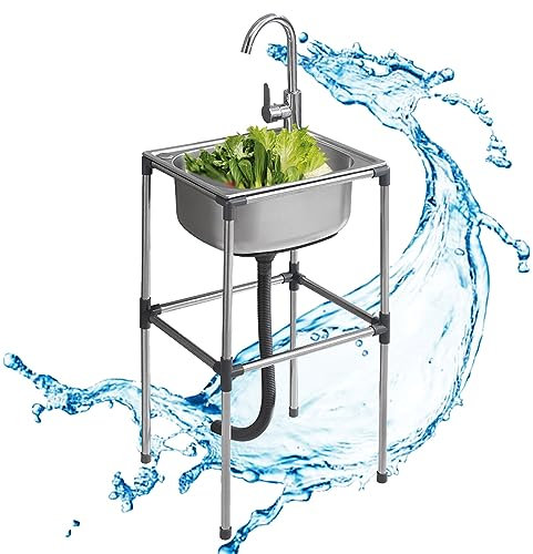 Lavello commerciale portatile in acciaio inox con rubinetto caldo e freddo, autoportante, vasca singola, stazione di lavaggio a mano, per ristorante, bar e hotel (52 x 38 x 70 cm)