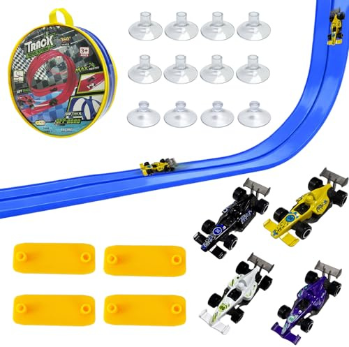 Racerbana barn 3 4 5 6 år – 4,5 meter bilbana racerbana bil leksak med 4 lättmetallfordon förvaringsväska, racerbana leksaker presenter för pojkar flickor