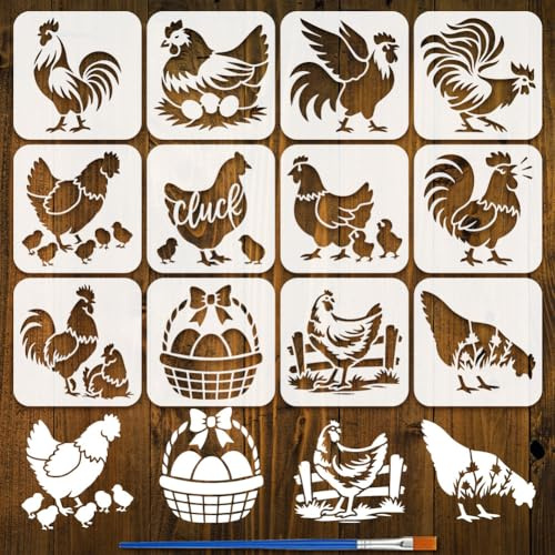 FINGERINSPIRE - Plantilla de pintura de pollo, 12 unidades, 15 x 15 cm, 12 estilos, pollos, gallo, huevos, modelo de dibujo, modelo de decoración, arte y bricolaje, plantilla para pintura en madera