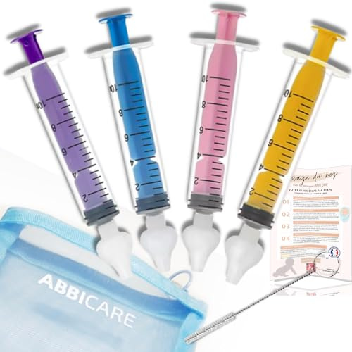 ABBICARE BPA-fri 10 ml nasal tvättspruta | Kit 4 sprutor med silikonadapter + 1 rengöringsborste | Fysiologiskt serum näshygien barndomssats