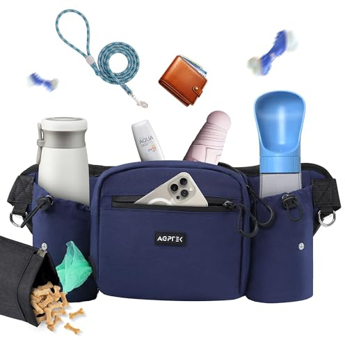 AGPTEK Dog Walking Fanny Pack, Large Capacity Dog Training Treat Pouch, Waist Bag with Removable Snack Pouch, Water Holder, Poop Bag Dispenser, Waterproof Zipper, Adjustable Strap, Dark Blue