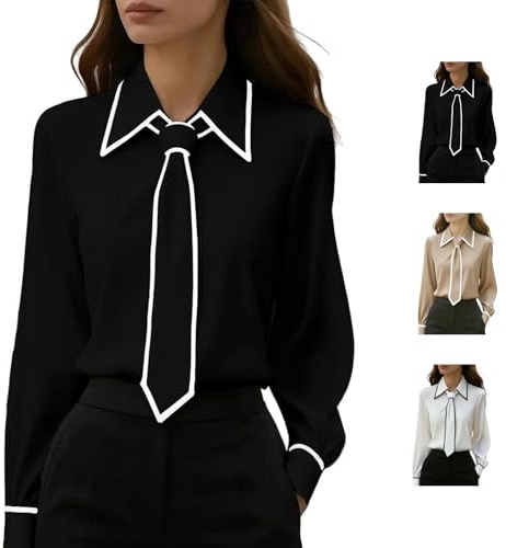 Camicia da donna con bottoni con cravatta elegante slim lavoro lavoro a maniche lunghe camicia in raso cravatta camicetta elegante casual ufficio top, Nero , XL
