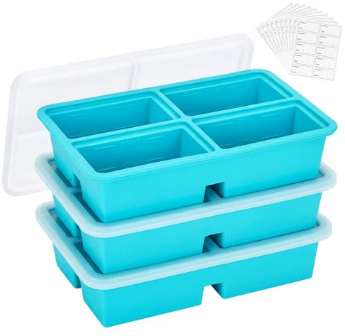 Defresit 3 Pack Extra-Large Silicone Freezing Tray with Lid, Soup & Sauce Freezer Containers, Meal Prep Storage Tray, 300ml Portion, BPA Free, Blue (with Freezer Labels)