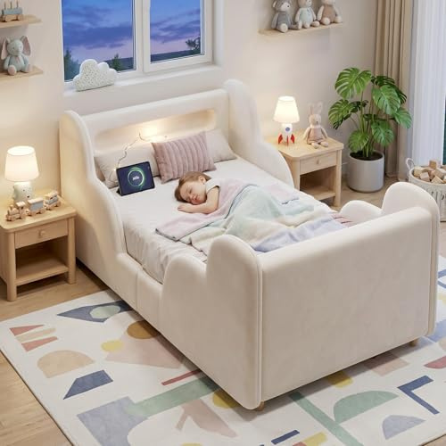 Huayz Cama acolchada para niños de 90 x 200 cm, cama individual con barandilla protectora, con luz nocturna y puerto de carga USB y compartimentos de almacenamiento, patas de cama de madera maciza
