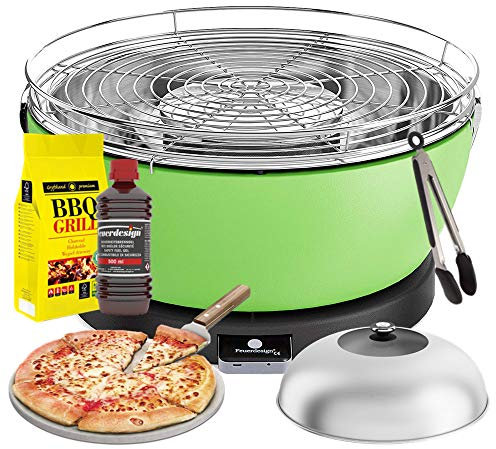 YesEatIs by FEUERDESIGN - Vesuvio Grill GRÜN - Kit mit ZÜNDGEL + Kohle 3 Kg + GRILLZANGE + Pizzastein mit Schaufel + Kuppel aus Edelstahl