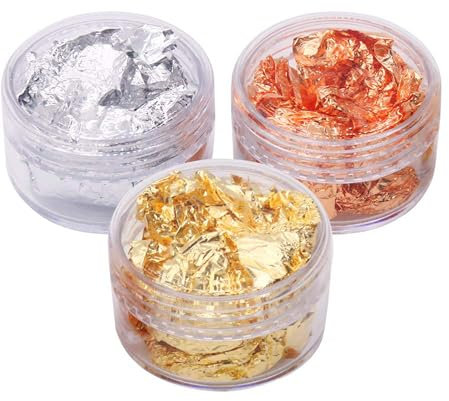 KINNO 3 Töpfe Gold, Silber, Kupfernägel Dekorative Flocken - Imitation Gold Flakes Aufkleber für DIY Nail Art