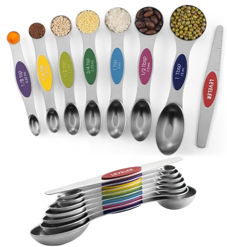 ChefAide Pack of 8 Stainless Steel Magnetic Measuring Spoons Set, Dual Sided, Stackable, Adjustable Teaspoon and Tablespoon Measure Spoon with Leveler, Kitchen Gadgets