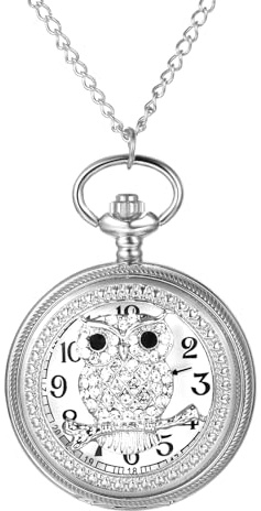 Avaner Women's Pocket Watch Skeleton Owl Pocket Watches Pendant Necklace Rhinestone Watch