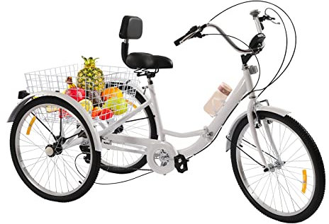 DENEST 24 Zoll Dreirad für Erwachsene, 7 Gang Dreirad Fahrrad mit 3 Rädern, Erwachsene Dreirad mit LED Licht und Korb, Cruise Bikes, Dreirad Erwachsene, 3 Rad Fahrrad für Erwachsene (Weiß 24 Zoll)