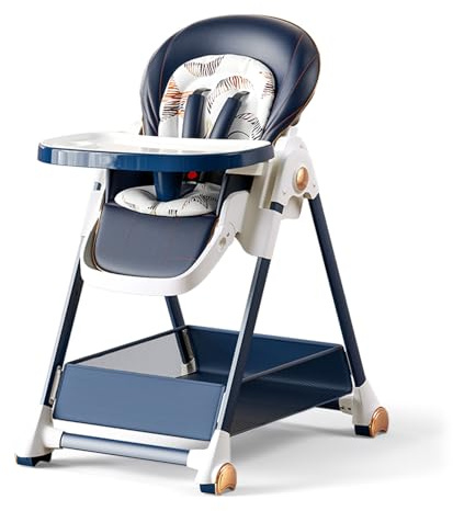 Reenborn PU-Leder Kinderhochstuhl, Klappbarer Hochstuhl Baby mit Liegefunktion, Hochstuhl mit 6 Höhen 3 Liegepositionen, Baby Essen Stuhl Abnehmbaren Doppeltabletts und Rädern (808 Blue)